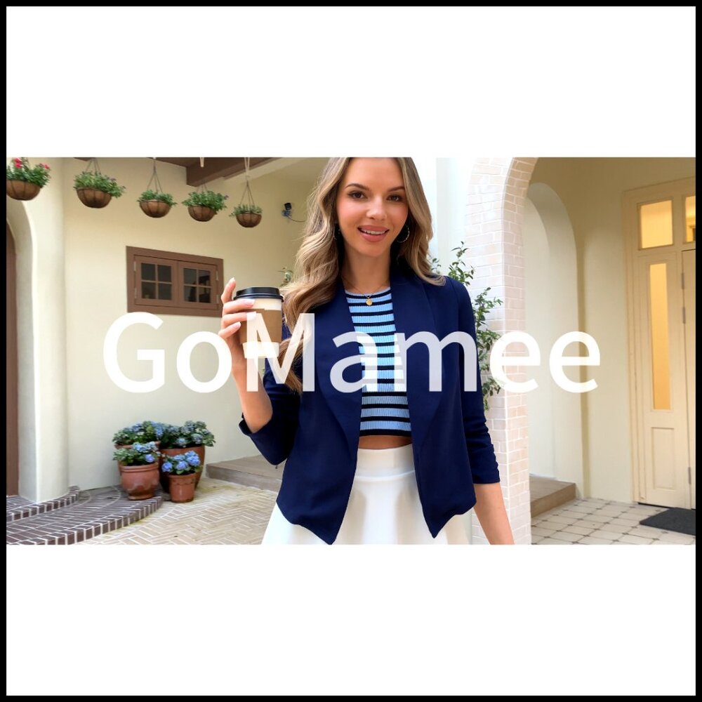 3/4 Sleeve Cropped Blazer Open Front Cardigan Jacket S-XL - Picture 5 of 7